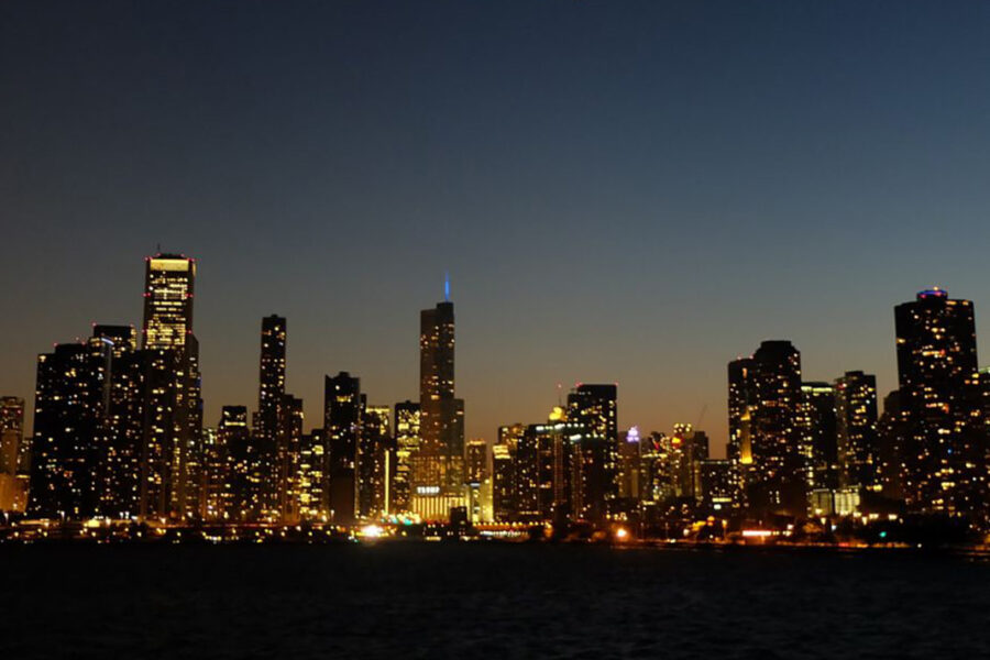 Skyline of downtown NYC at dusk.