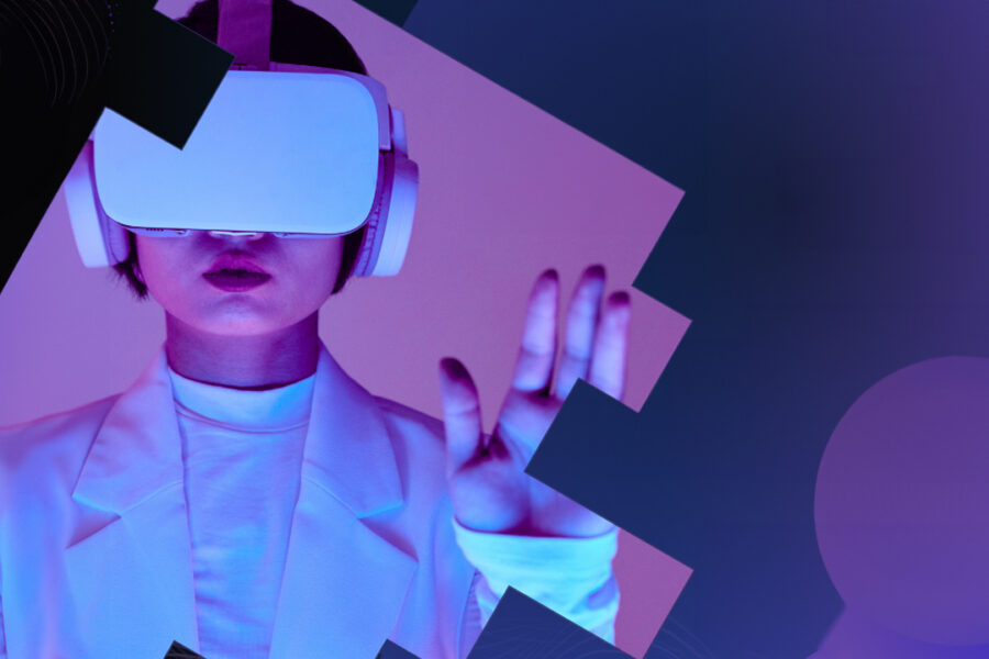 A futuristic knowledge worker wearing a white suit and white VR goggles amid an abstract background of geometric shapes