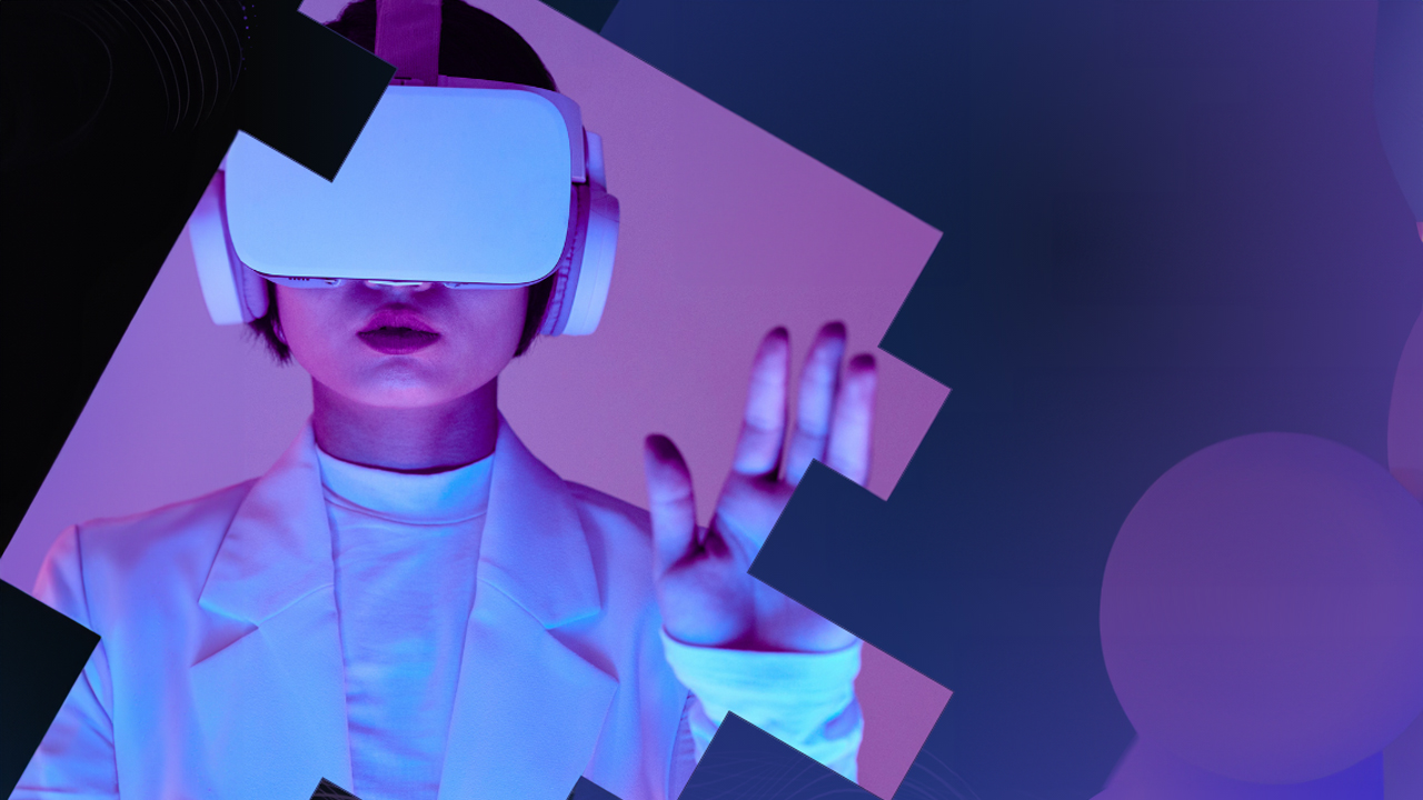 A futuristic knowledge worker wearing a white suit and white VR goggles amid an abstract background of geometric shapes