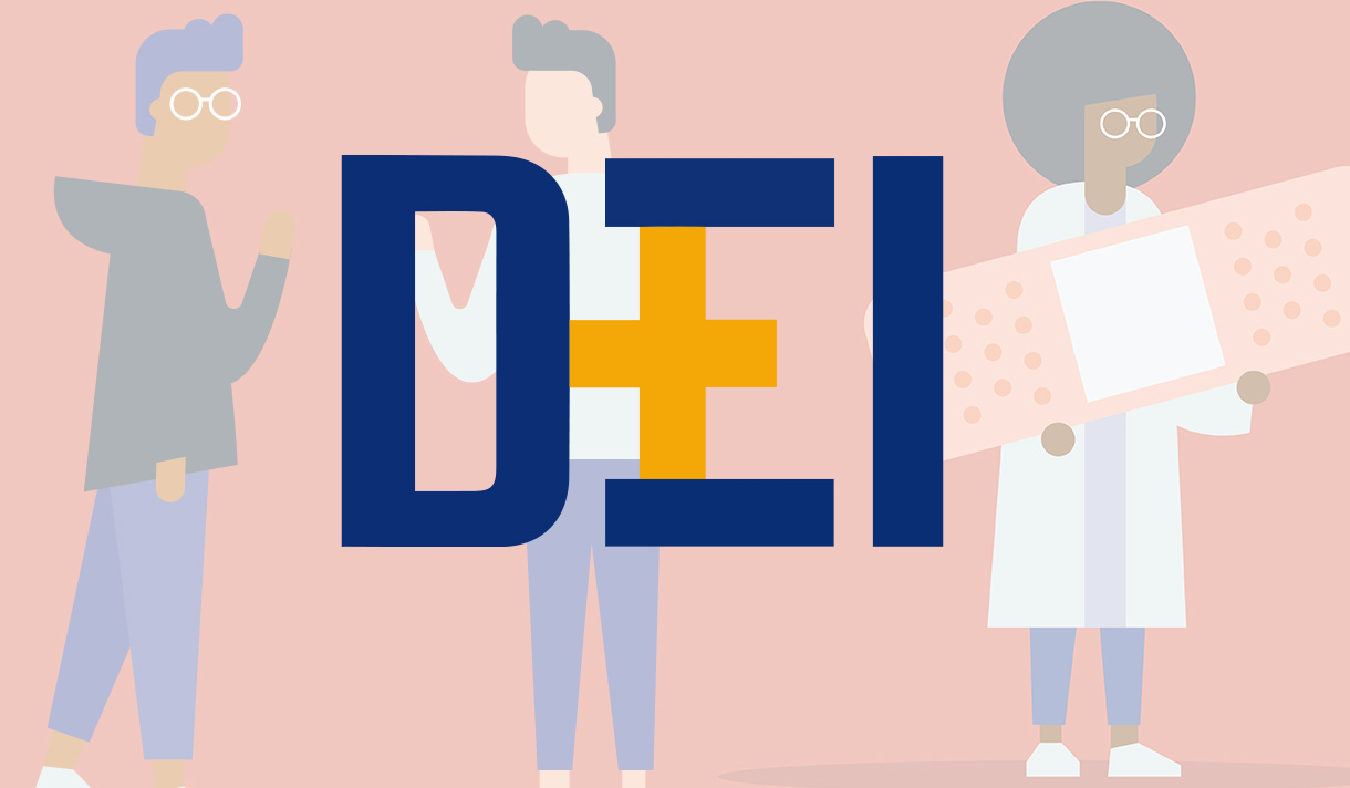 People standing near letters spelling DEI (logo)