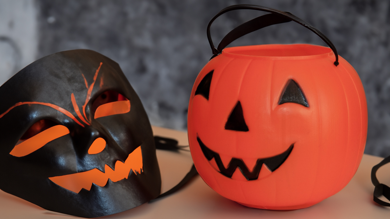 A Halloween mask and pumpkin