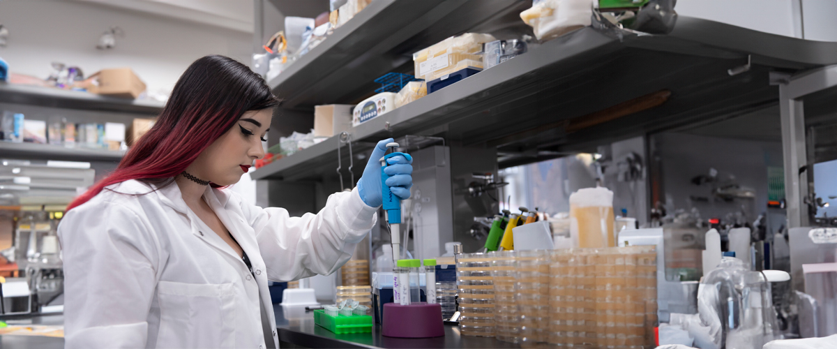 A student works on a chemistry experiment in a lab.