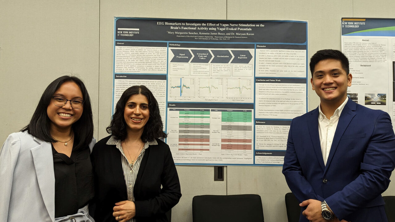 Three student standing in front of their project board.