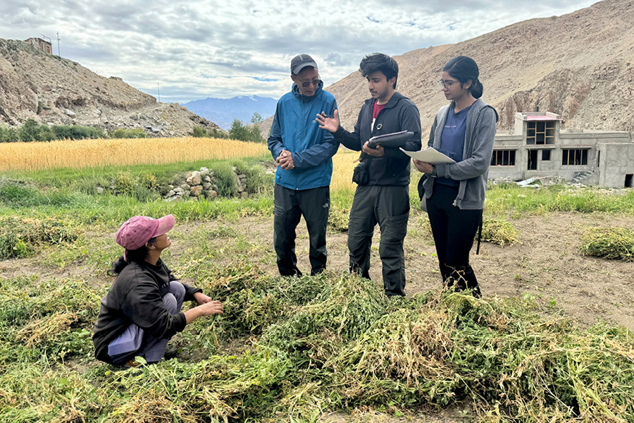 Three New York Tech students talking to a farmer