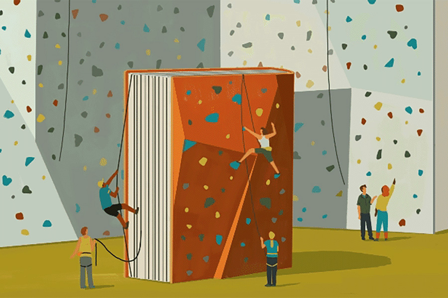 An illustration of people climbing walls shaped like books.