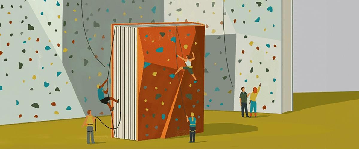 An illustration of people climbing walls shaped like books.