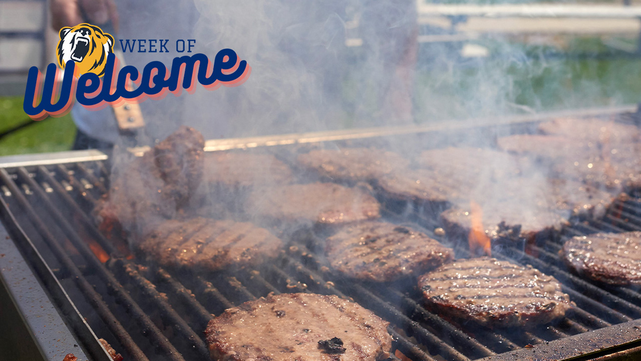 Burgers on a grill with New York Tech Week of Welcome logo