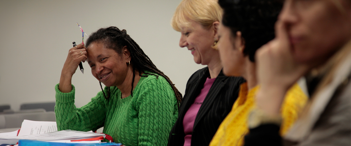 A student interacts in a classroom lecture at New York Tech.