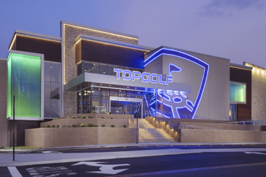 Topgolf building with neon signs